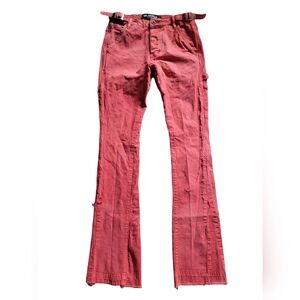 Valabasas Red Mid Rise Cargo‎ Pockets Stacked Flare Jeans Raw Hem Size 30 Tall
